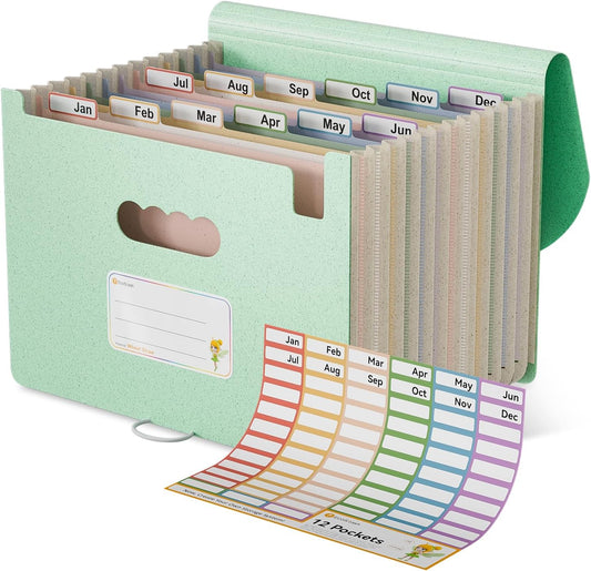 Accordion File Organizer, 12 Pockets Wheat Straw Expanding File Folder, Portable Monthly Paper Bill Tax Receipt Organizer, Letter A4 Size Document Holder，Green Office with Colorful Tab，Mint Green