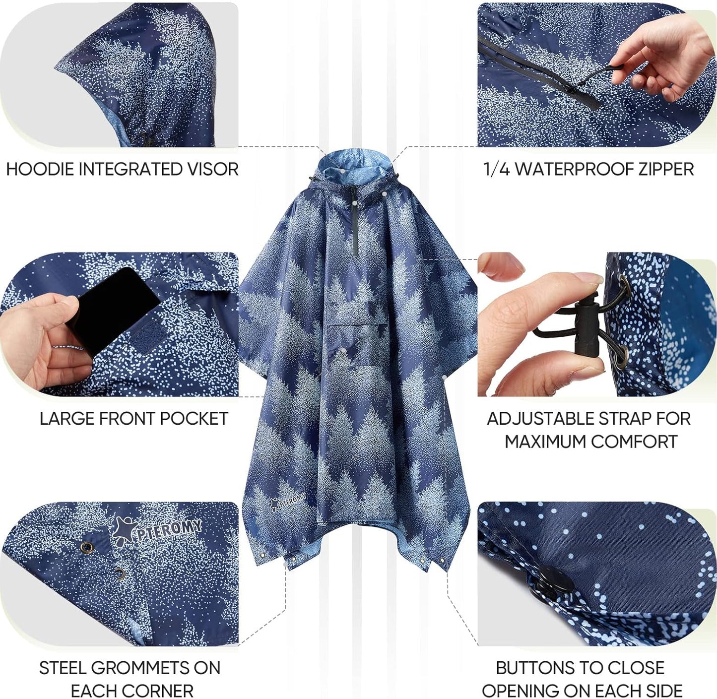 PTEROMY Hooded Rain Poncho for Adult with Pocket, Waterproof Lightweight Unisex Raincoat for Hiking Camping Emergency