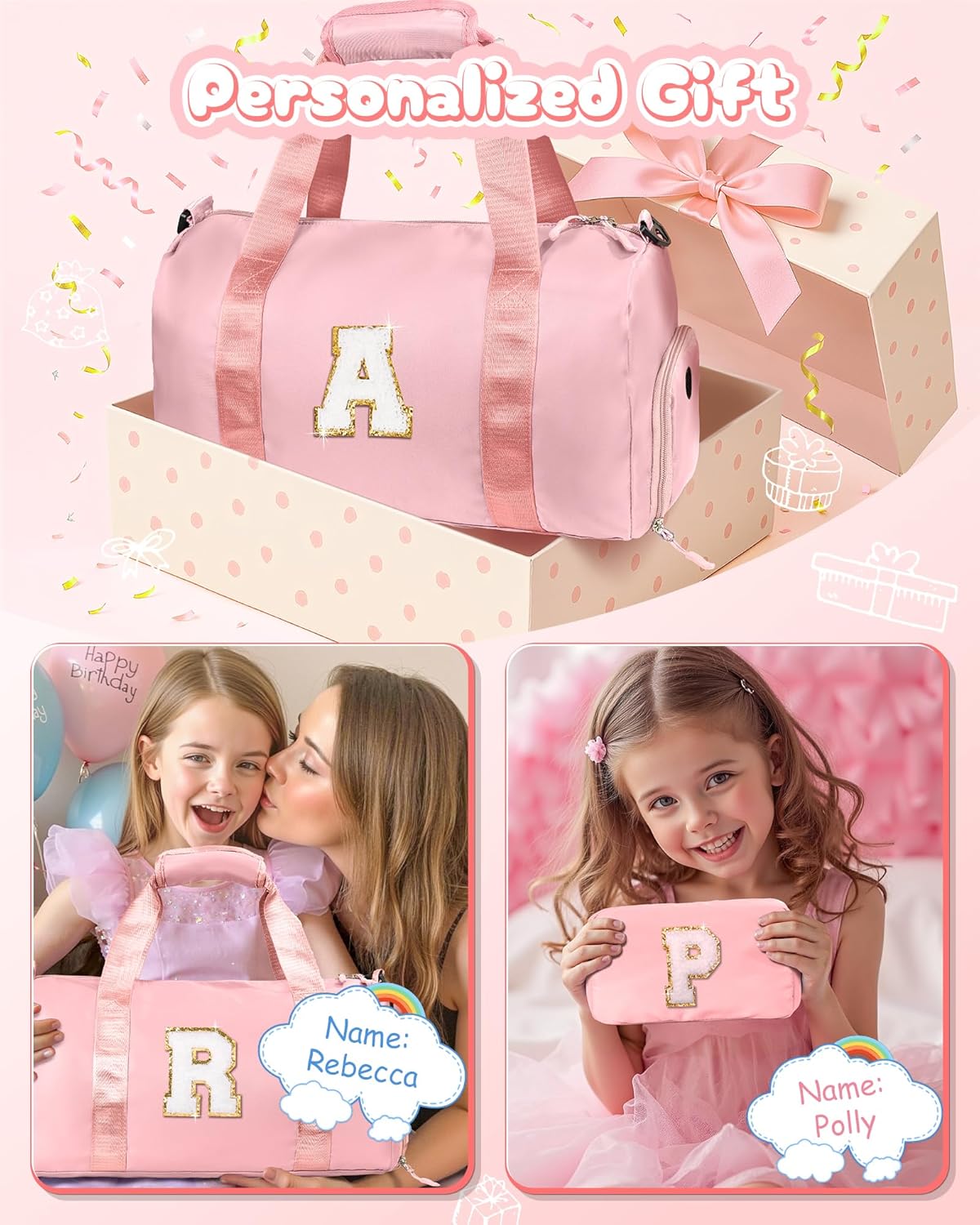 Easter Basket Stuffers Gifts for Kids-Girl Gym Bag with Shoe Compartment, Kid Personalized Weekender Overnight Bags, Initial Travel Tote with Makeup Pouch, Valentines Day Gift (Letter P)