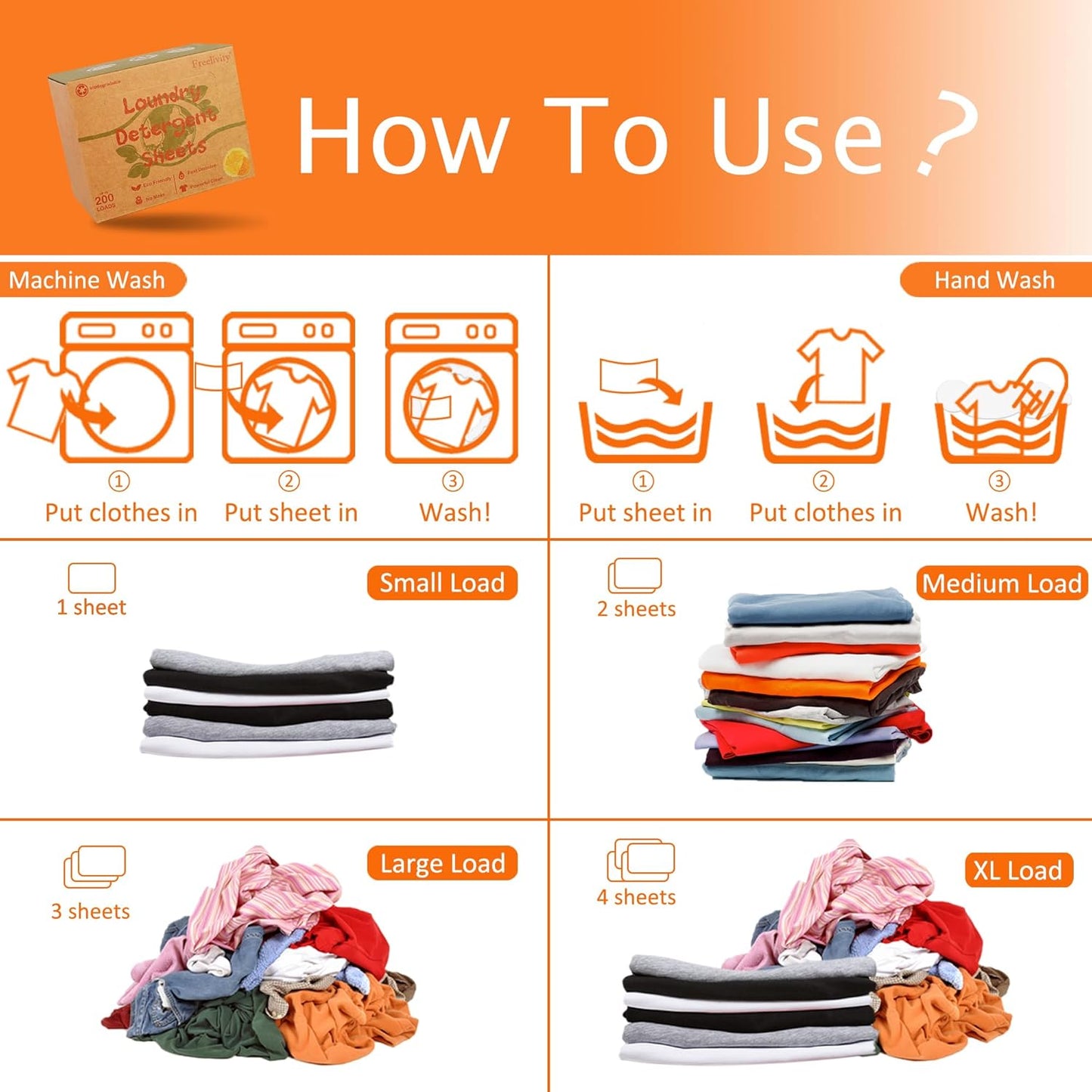 Freelivity Laundry Detergent Sheets, 200 Sheets Lemon Orange - Eco-Friendly Hypoallergenic Plastic-Free LiquidLess Clothes Washing Detergent Supplies for Save Space Travel Camping