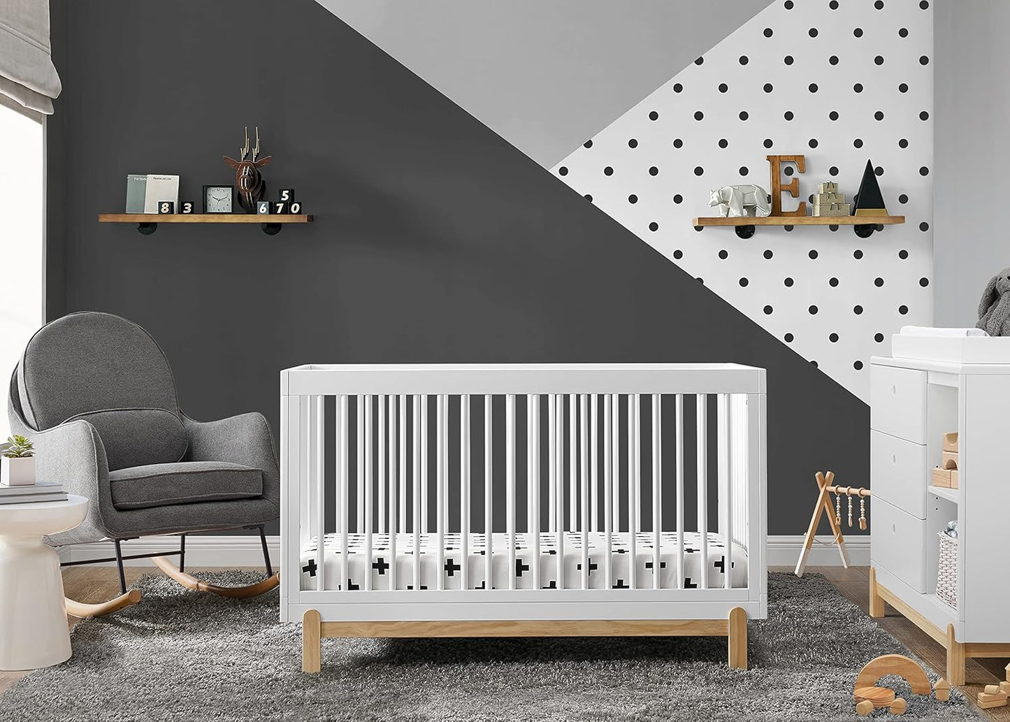 Delta Children Poppy 6-Piece Baby Nursery Furniture SetIncludes: Convertible Crib, Dresser, Changing Top, Mattress, Sheets, & Changing Pad, Bianca White w/Natural