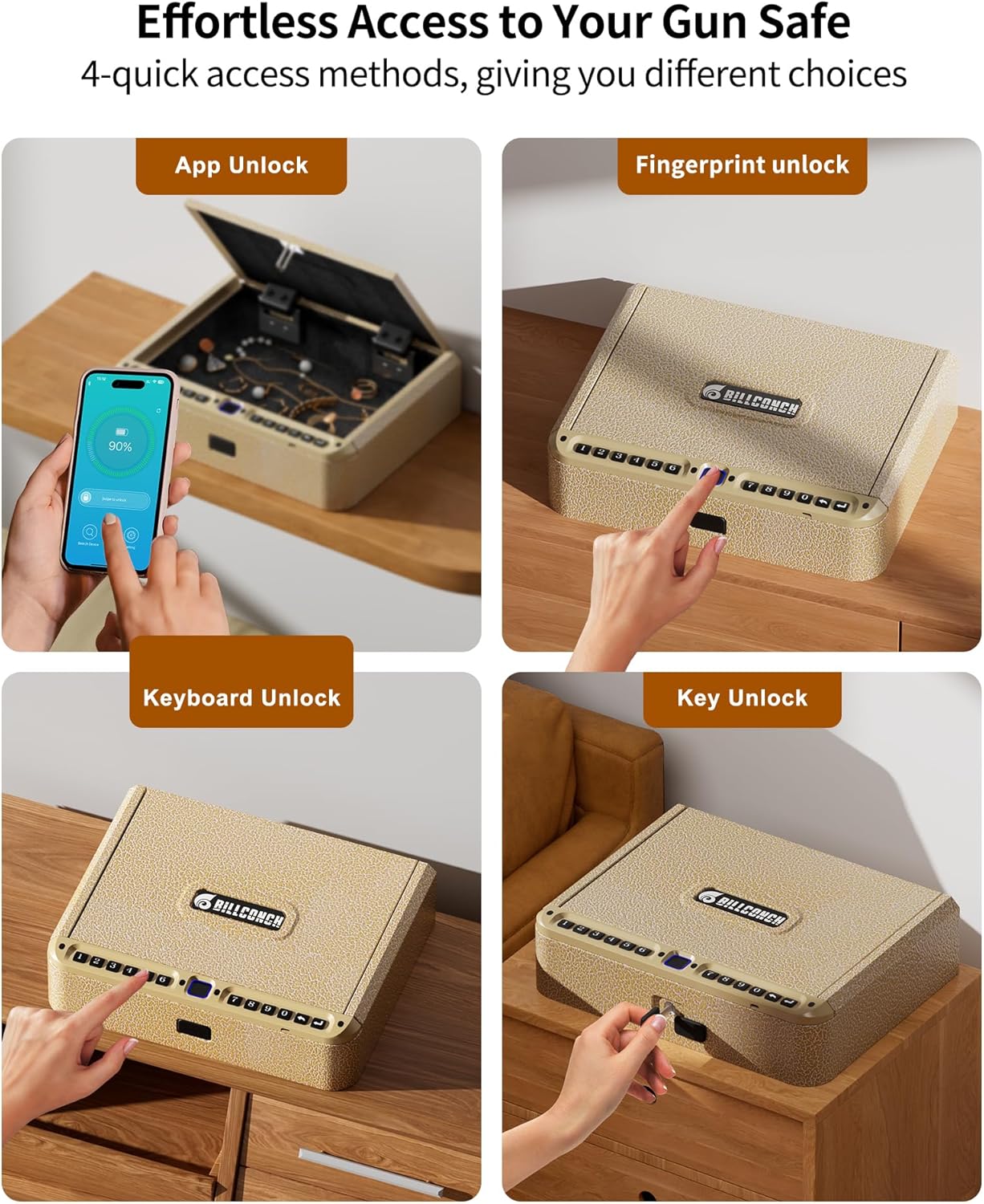 BILLCONCH Gun Safe for Handgun - Biometric Pistol Safe 4 Ways Quick Access with Fingerprint/Full-digital Keypad/Key/APP Lock and Security Cable for Nightstand Bedside Home - Limited Gold