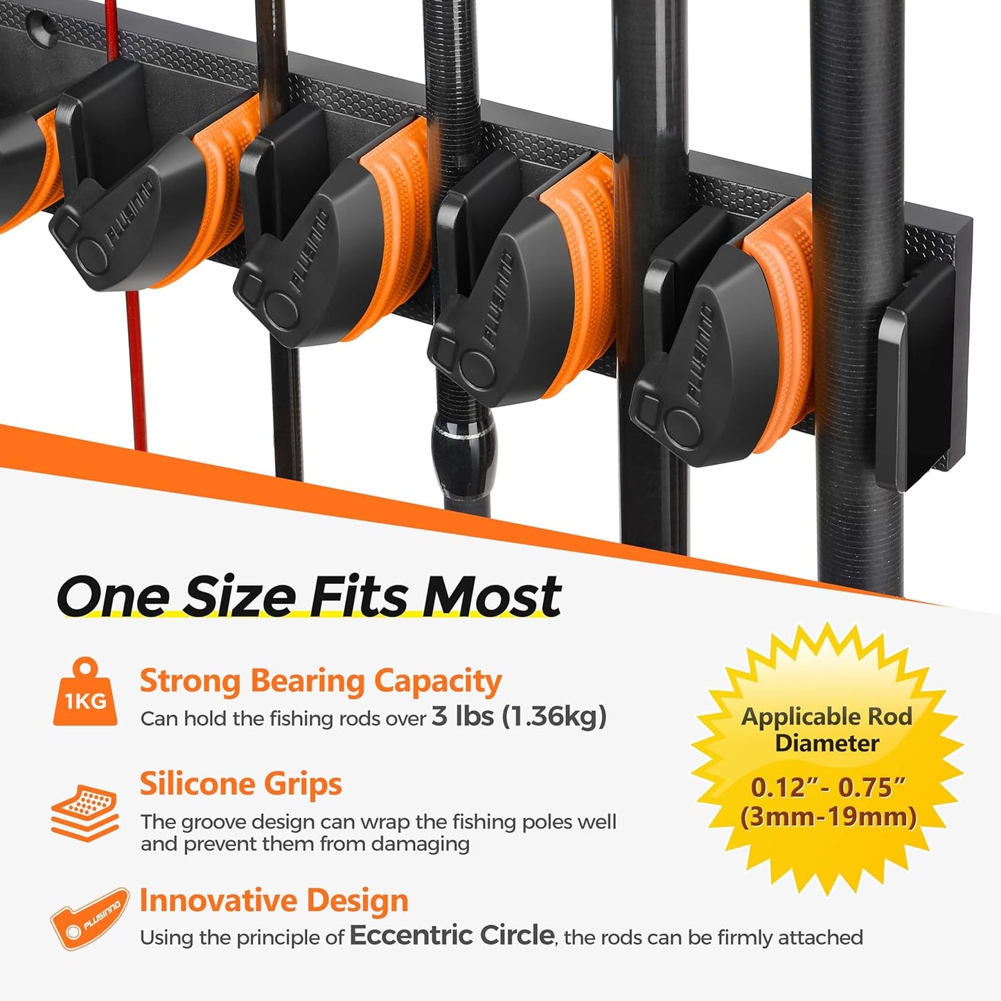 PLUSINNO V9 Vertical Fishing Rod Holders, Wall Mount 4-Pack - Holds 36 Rods, Diameter 3-19mm