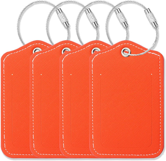 Luggage Tags for Suitcases-Leather Luggage Tag 4 Pack with Loops Cute Bag/Backpack/Suitcase Tags Travel Essentials for Flying (Orange)