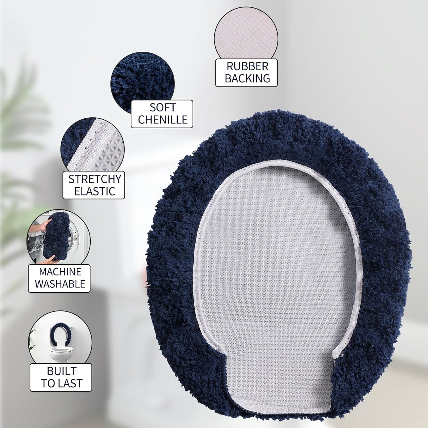 Microfiber Elongated Toilet Seat Cover 19.5"x 15" Machine Washable Solid Toilet Lid Cover Adjustable Rubber Backing Fits Most 18-19.5" L x 14-16" W Elongated Toilet Seat