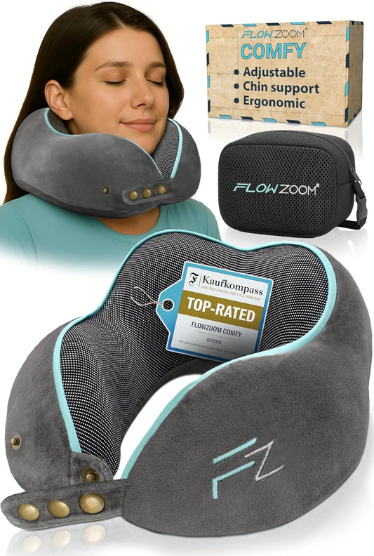 Memory Foam Travel Pillow for Airplanes & Car Rides - Adjustable Airplane Pillow with 360° Chin and Neck Support for Comfy Naps, Extra-Soft Washable Neck Pillow Cover, Squeezy Mesh Bag - Grey