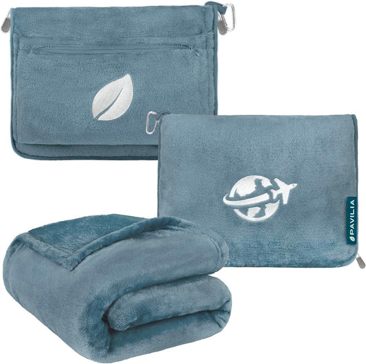 PAVILIA Travel Blanket and Pillow, Arms Opening Airplane Blankets for Adults, Compact Plane Blanket with Arm Hole 2-in-1 Bag for Flight Car Camping Fit in Luggage Backpack Traveler Gift, Blue