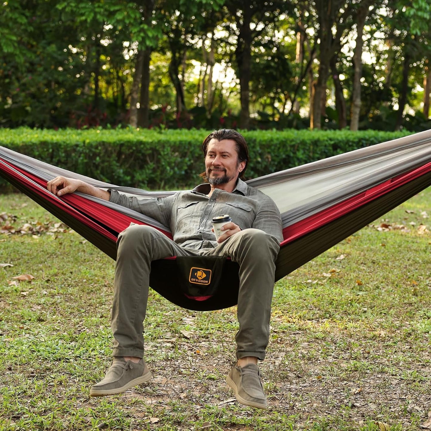 Camping Hammock, Portable Hammocks with Mosquito Net,Lightweight Nylon Parachute Hammock with 10ft Tree Straps,Camping Gear Must Haves for Travel Hiking Backpacking Beach Patio-Black&Red