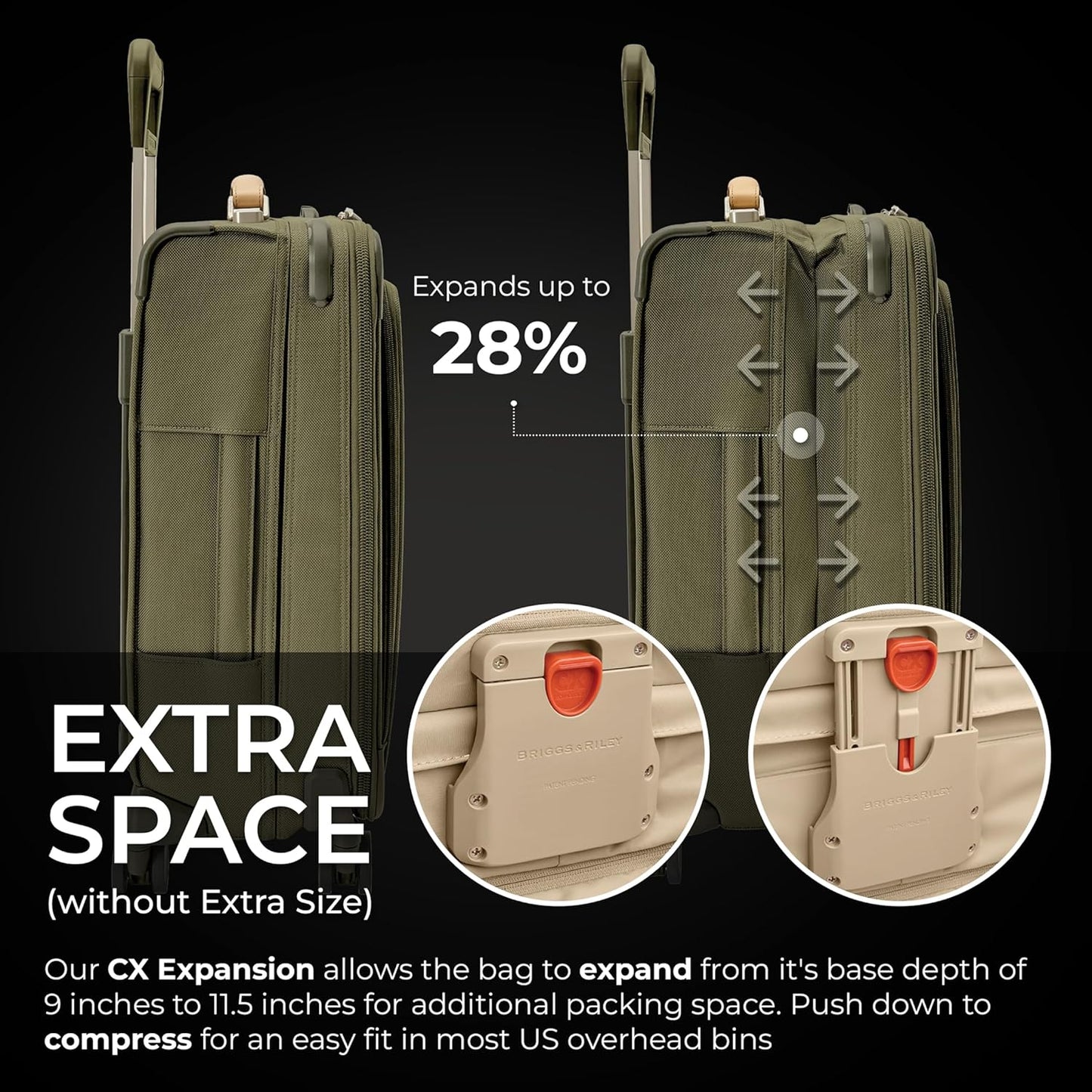 Briggs & Riley Essential 22" Carry On Expandable Spinner - Luggage for Travel, Suitcases with Wheels, Softside Rolling Bag for Men & Women, Self-Repairing Zipper - Baseline Collection, Olive