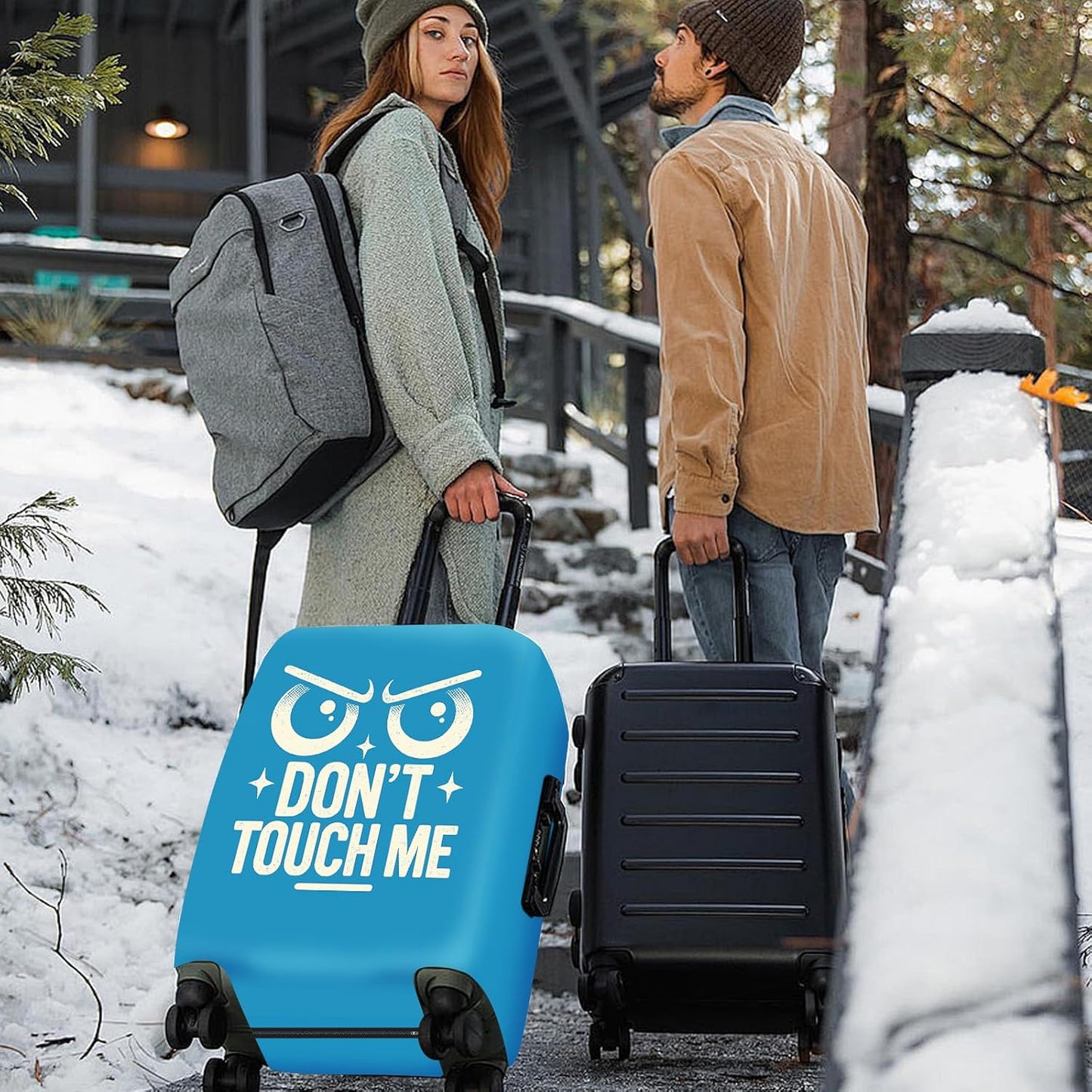 ANNA QUEEN Funny “Don’t Touch Me” Luggage Cover, Bold Blue Suitcase Protector with Angry Eyes Design, Stretchable, Washable Travel Cover for 24-26 Inch Luggage