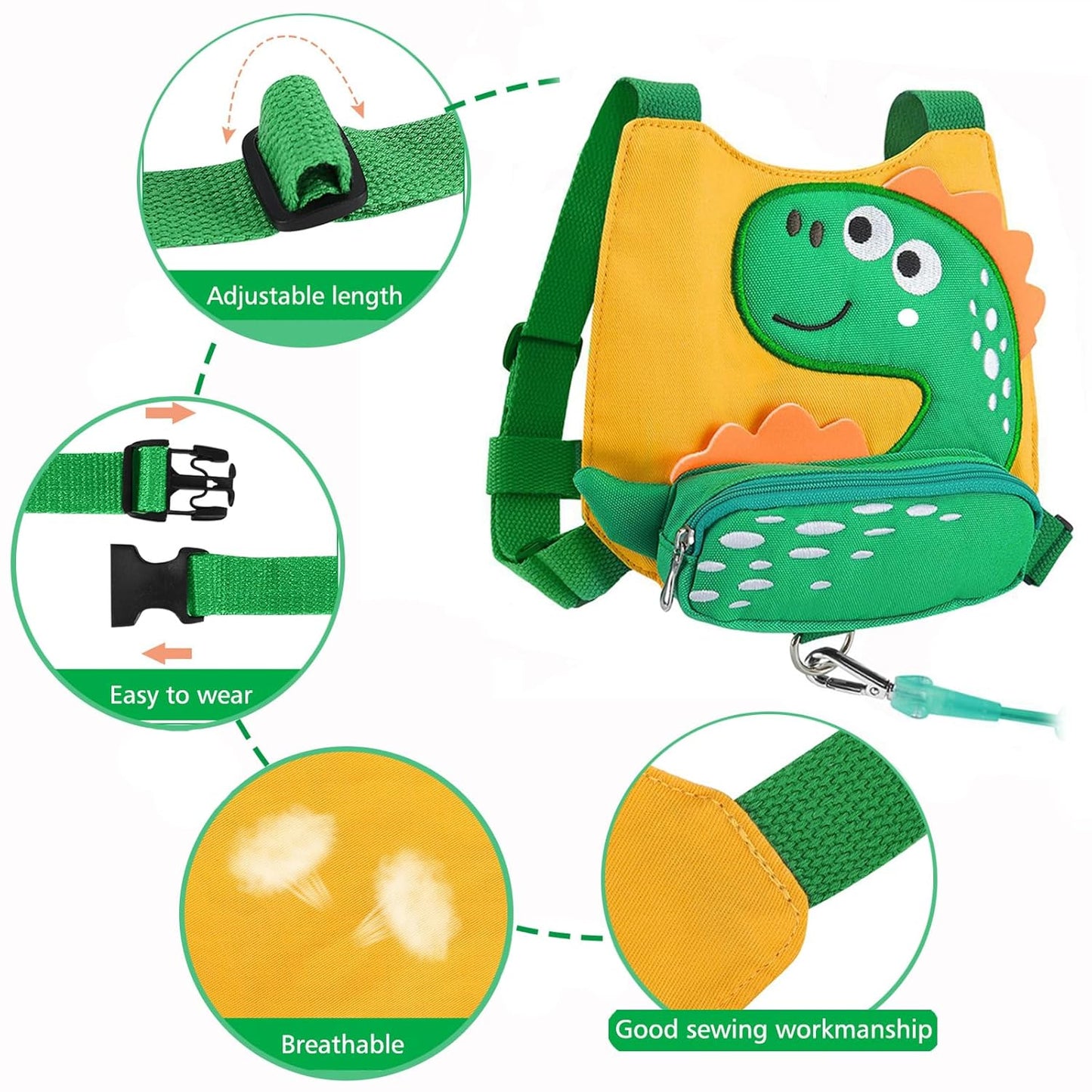 Accmor Toddler Harness Leash with Anti Lost Wrist Link, Cute Dinosaur Kids Harnesses with Wristband Bracelet Leashes Strap Tether for Baby Boys Walking (Yellow)
