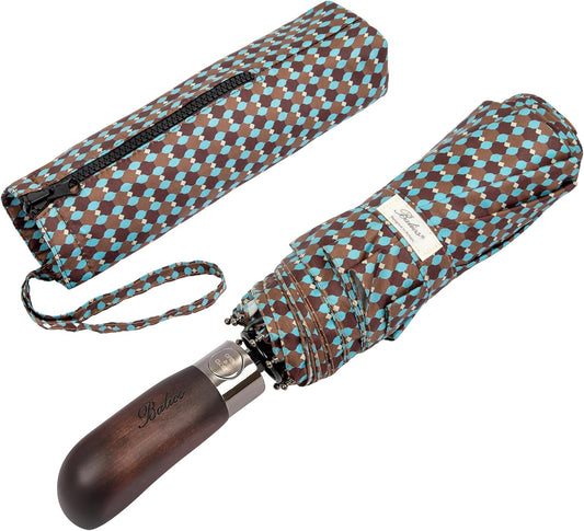 Balios Travel Folding Umbrella with Real Wood Handle Auto Open Close Vented Windproof Canopy - Designed in UK