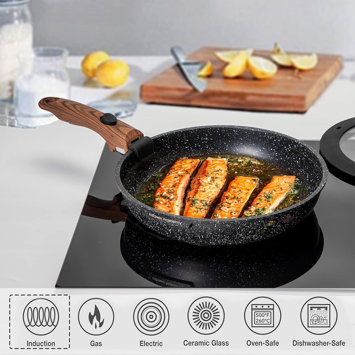 Kitchen Academy Removable Handle Induction Pots and Pans Set - 10 Piece Non-stick Cookware Sets, Black Granite Stackable RV Cookware for Camp