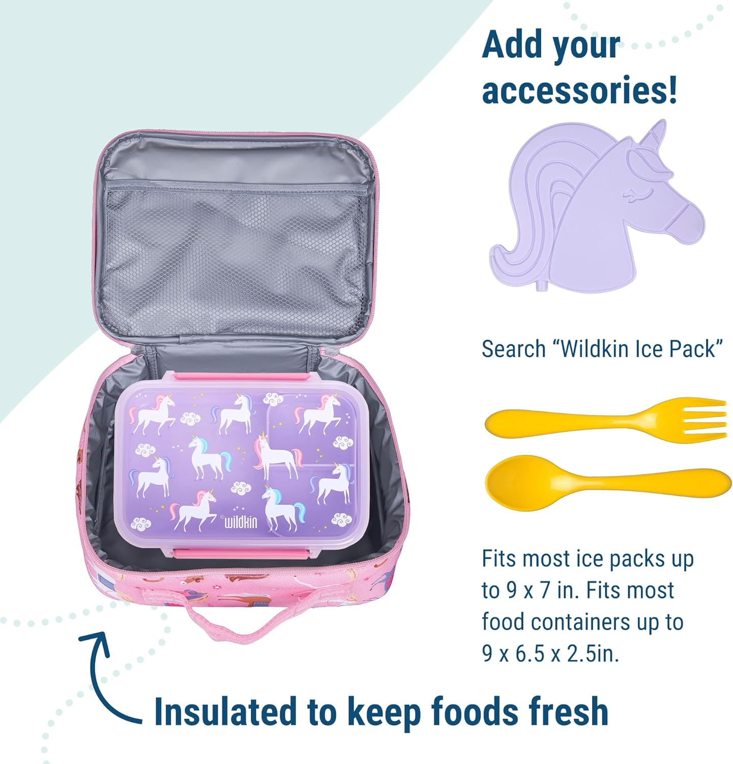 Wildkin Kids Insulated Lunch Box – Durable and Reusable for School & Travel - Horses in Pink