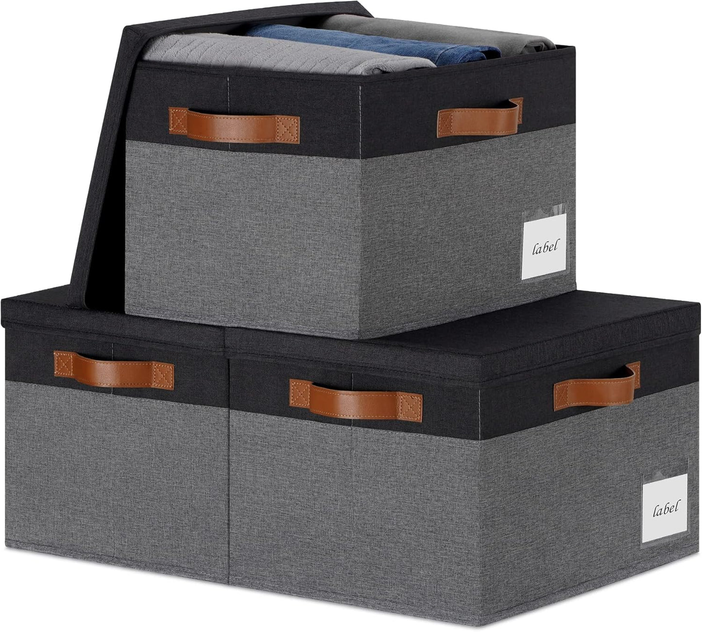 Large Storage Bins with Lids, Foldable Fabric Storage Baskets with Lids, Sturdy Storage Boxes with Labels and 3 PU Handles for Closet Home Bedroom Office (26L, 3 Packs, Grey&Black)