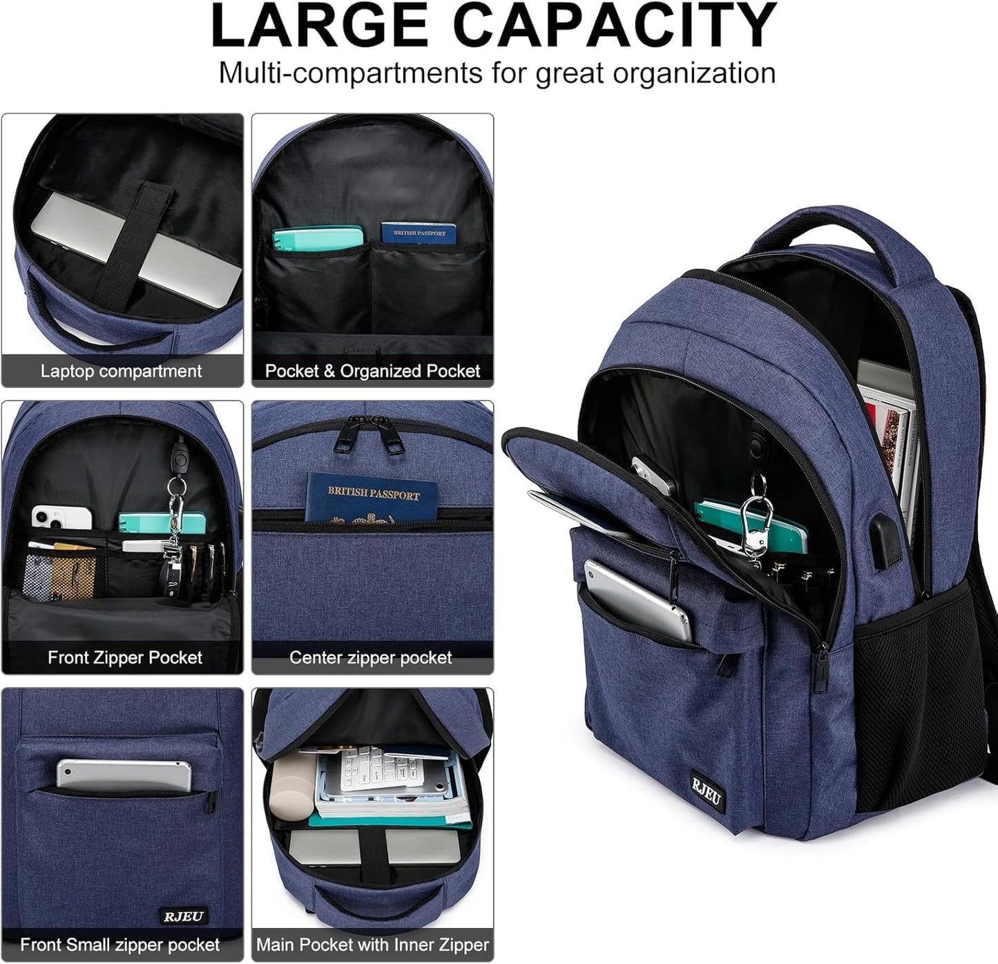 School Backpack for Teen Boys, 17.3 Inch Laptop, USB Charging Port, Anti-Theft & Water-Resistant College Bookbag, Durable Student Backpack for High School and University, Blue