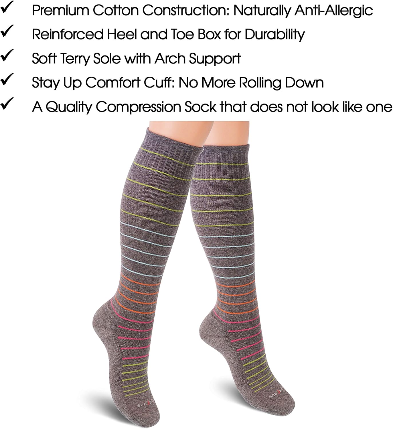 Cotton Compression Socks for Women & Men. 15-20 mmHg Support Knee-High Misty Gray Stripes S/M