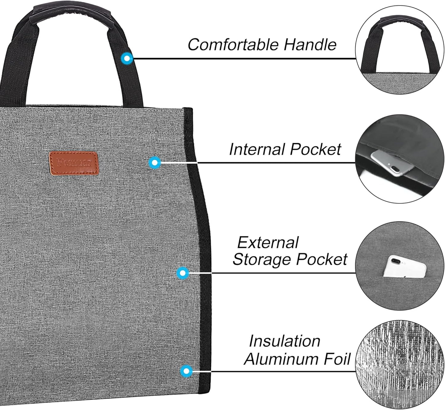 Lunch Bags for Women Insulated Reusable Lunch Tote with Internal Pocket, Lunch Tote bag for Work (Grey)