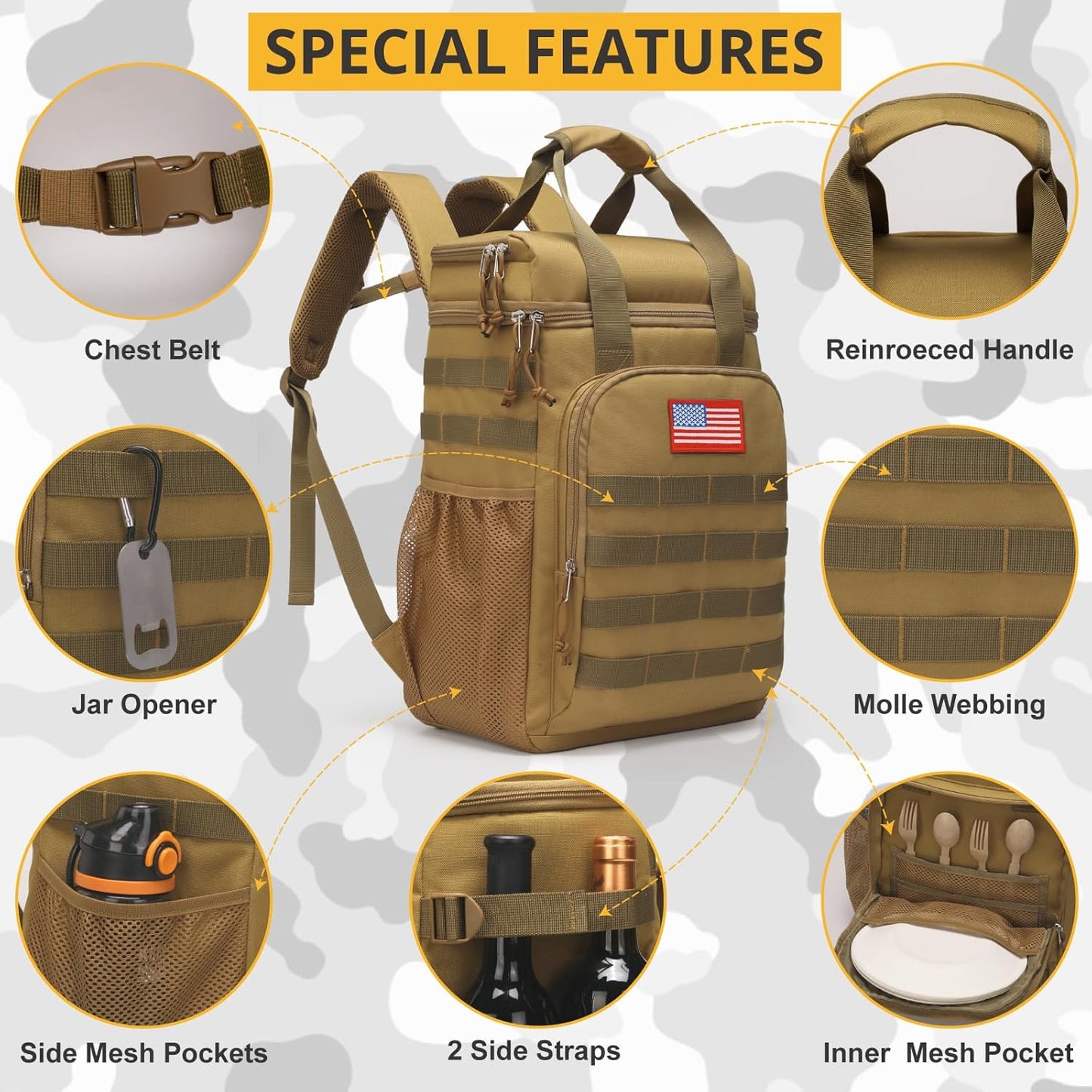 Tactical Backpack Cooler,Lunch Backpack for Men Adults Work with Handle，Soft Cooler Backpack Insulated Waterproof Leak Proof