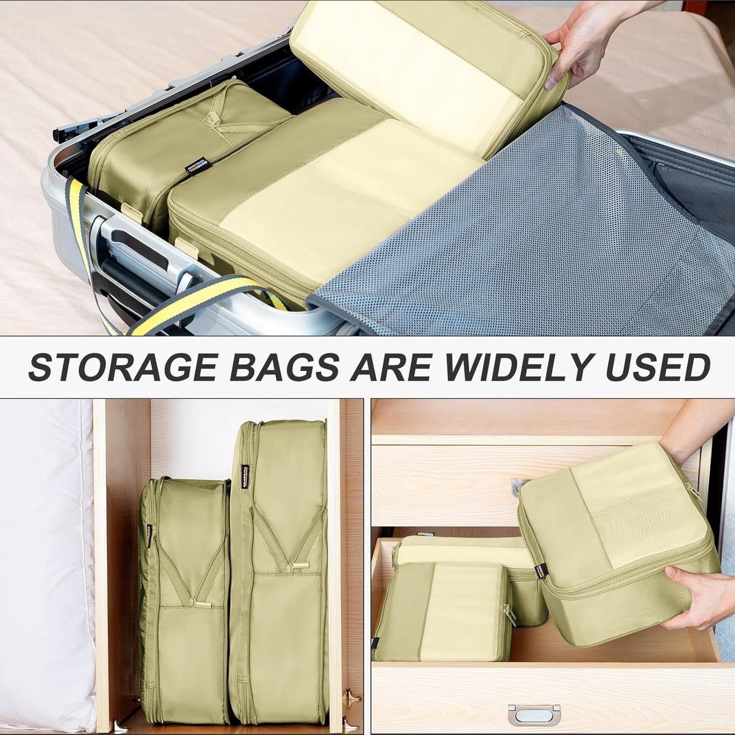 4 Set Compression Packing Cubes for Travel, Suitcases and Backpack Space Saving Organizers (Bright Yellow)