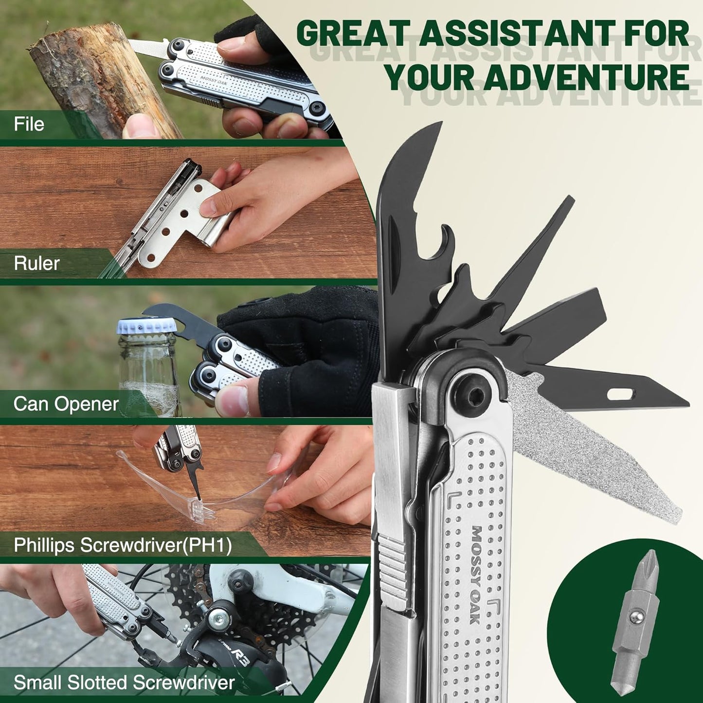 MOSSY OAK Multitool, 20-in-1 Stainless Steel Multi Tool Pliers, Self-locking Pliers with Sheath-Perfect for Outdoor, Survival, Camping, Hiking
