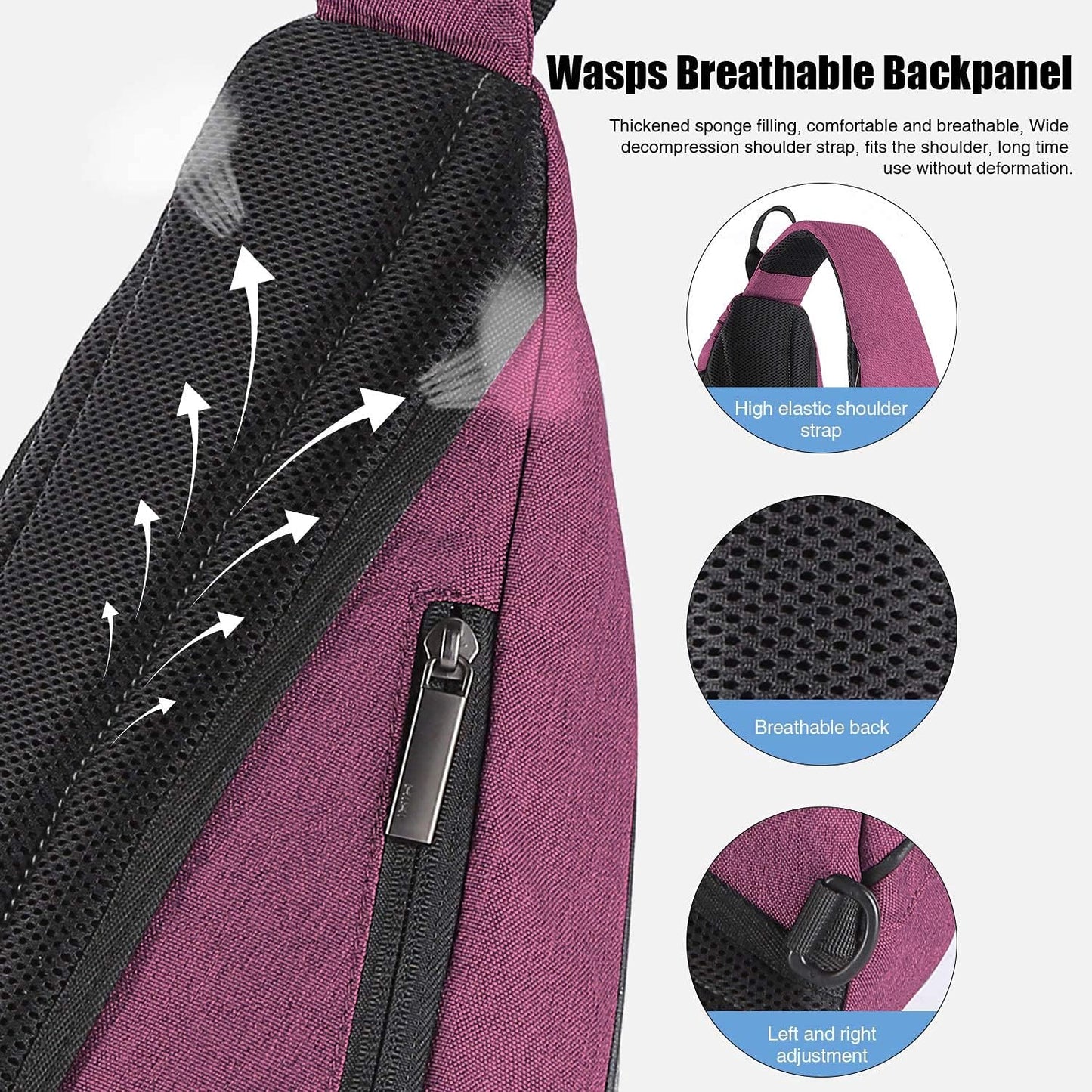 mixi Sling Bag Men Backpack Unisex One Shoulder Bag Hiking Travel Backpack Crossbody with USB Port for Men Women Versatile Casual Daypack-19 inch,Purple