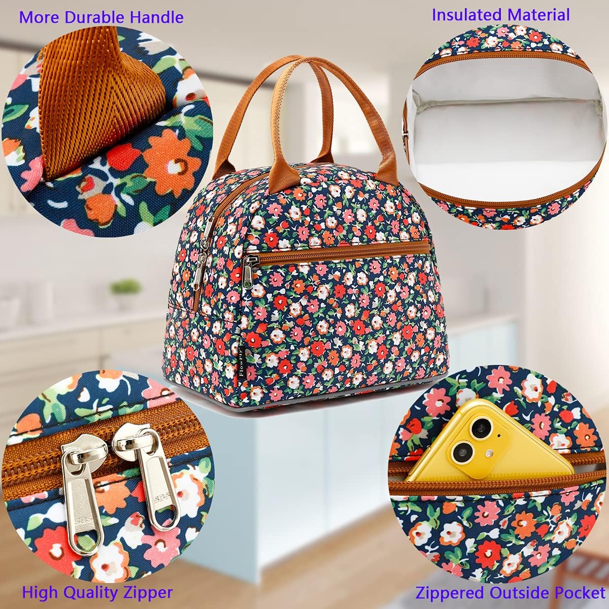 FlowFly Insulated Lunch Cooler Bag - Tote Bag Organizer for Women/Men, Floral#Red