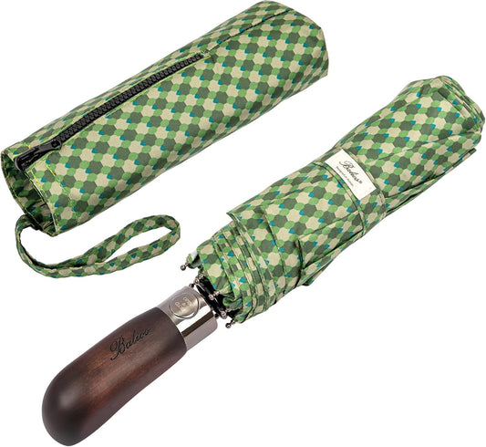 Balios Travel Folding Umbrella with Real Wood Handle Auto Open Close Vented Windproof Canopy - Designed in UK
