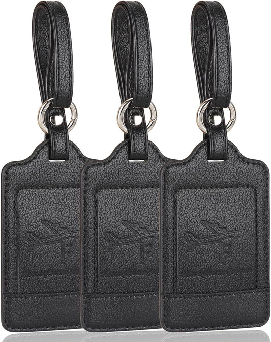 Teskyer Luggage Tags, 3 Pack Premium PU Leather Luggage Tags for Suitcases, Privacy Protection Travel Bag Tags, Lichee Black