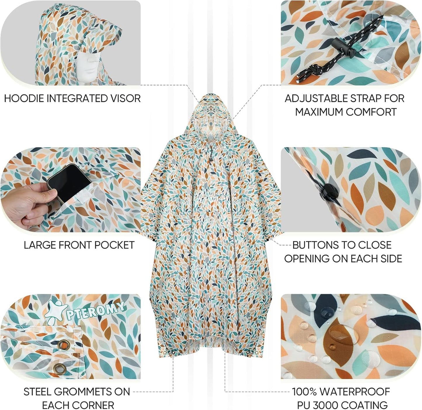 PTEROMY Hooded Rain Poncho for Adult with Pocket, Waterproof Lightweight Unisex Raincoat for Hiking Camping Emergency