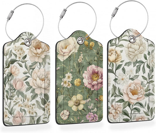 Vintage Peony Floral PU Leather Luggage Tags for Suitcase, Travel Cruise 3 Pack with Privacy Flap, Name ID Label and Metal Loop for Women Men Girls Baggage Bag Backpack