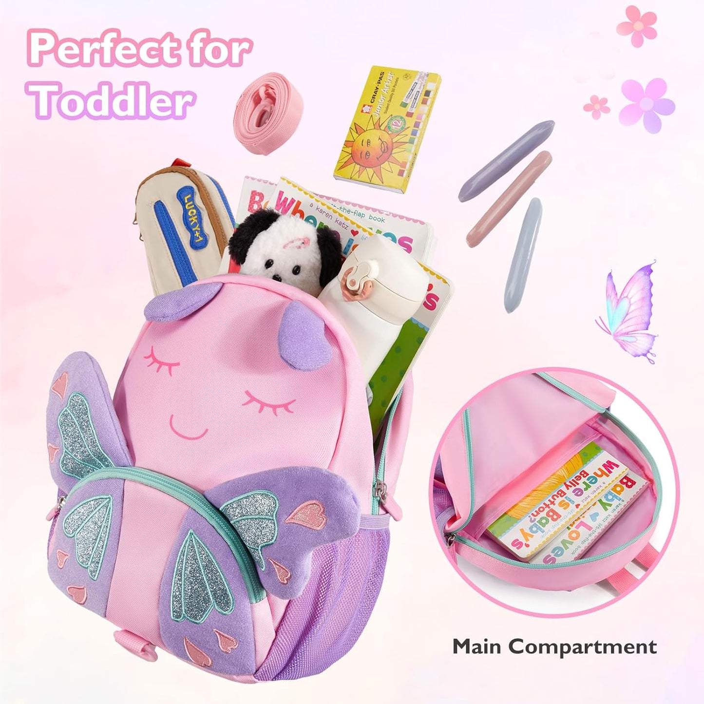 mommore Toddler Backpack for Girls 2-4, 3D Cartoon Cute Kids Backpack Water-Resistant Compact for Travel Preschool with Toddler Leash, Chest Buckle, Butterfly