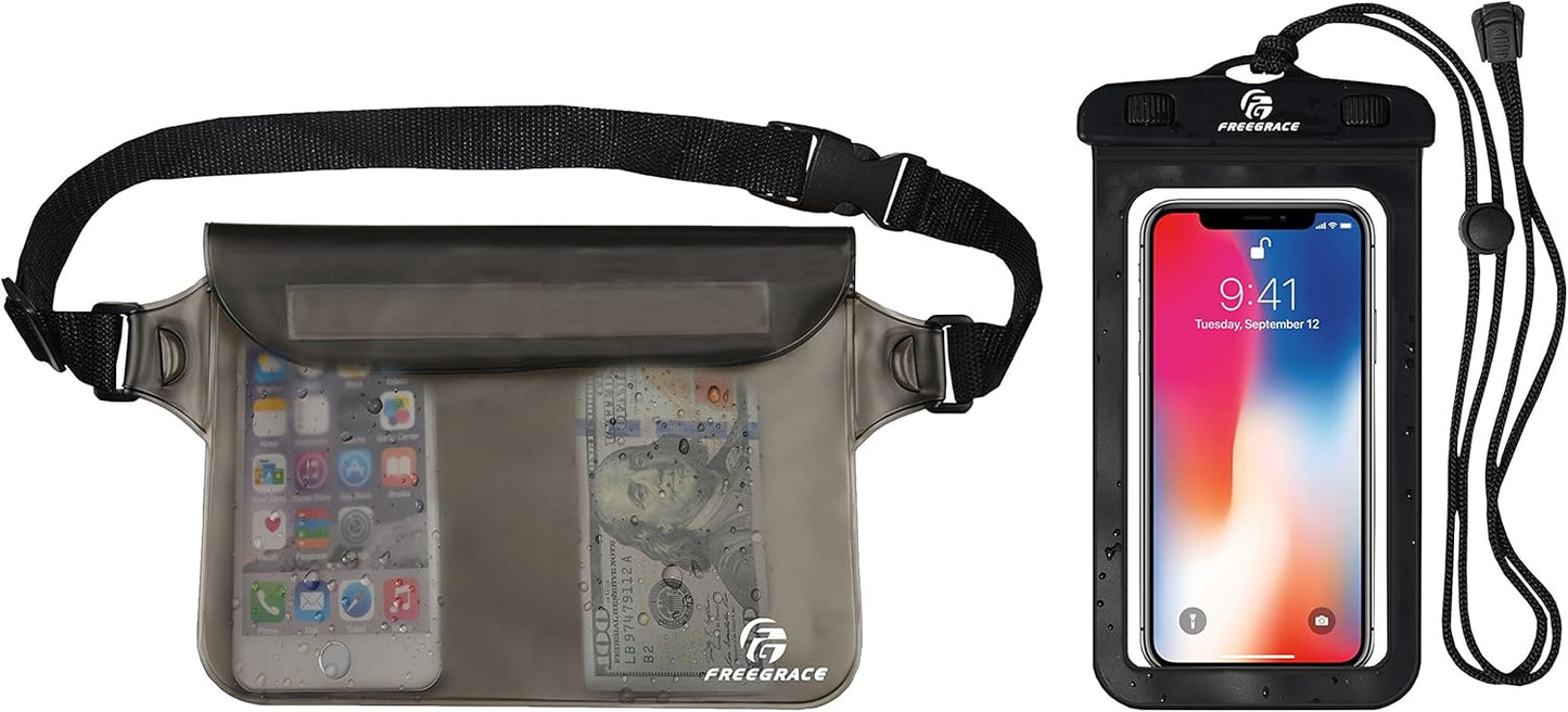 Freegrace Waterproof Pouches with Waist Strap / Pouch Case Bundle Set- Keep Your Phone & Valuables Dry and Safe - Waterproof Dry Bags for Boating Swimming Snorkeling Kayaking Beach Water Parks Pool