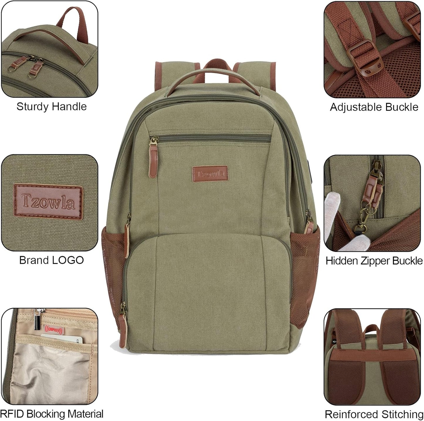Tzowla Canvas Laptop College Backpack for Men and Women,Travel Work Vintage Rucksack with USB/Type-C Charging Port,Lightweight Hiking Casual Daypack Backpacks fit 15.6 inch Notebook,Green