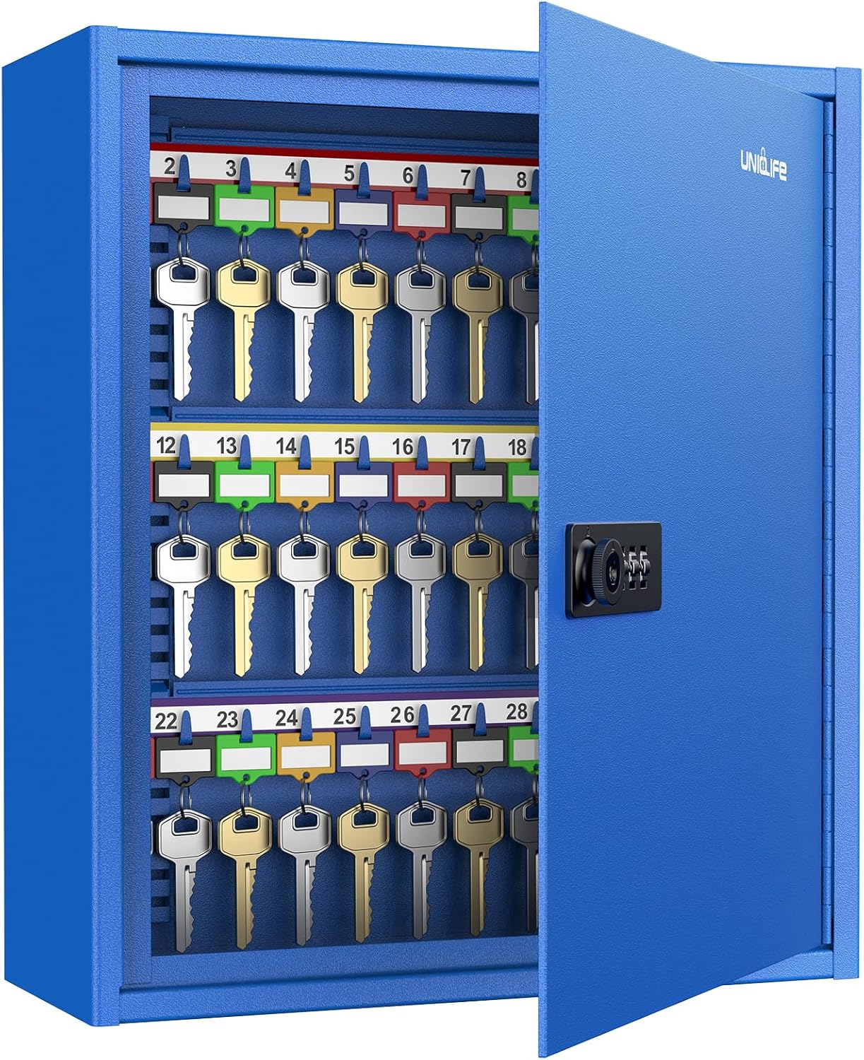 Uniclife 60 Keys Key Lock Box with Code, Wall Mount Key Box, Key Cabinet with Key Racks and Tags, Lock Box for Keys, Key Lockbox, Key Storage Box for Home Office & Company, Blue