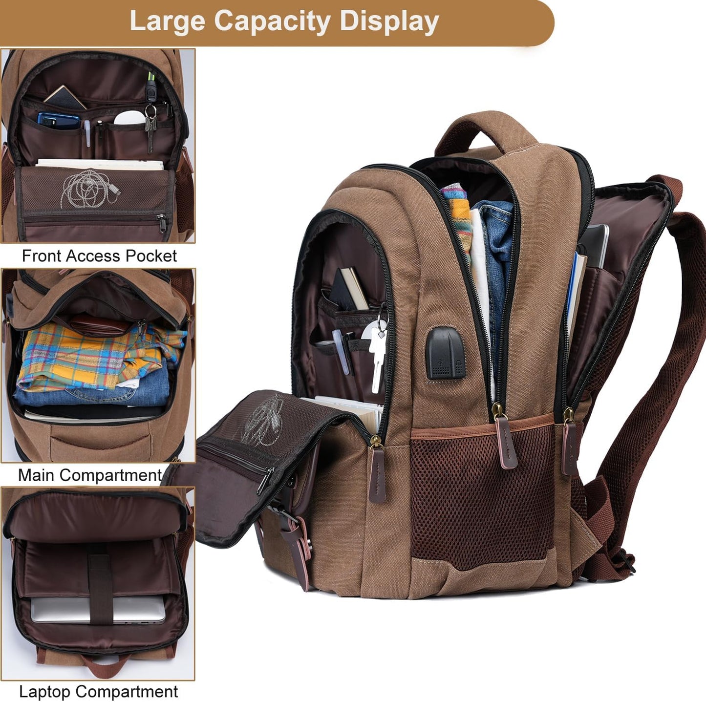Mactso Canvas Travel Laptop Backpack for Men Women, Business Work Rucksack College School Computer Bag Fits 15.6 Inch Notebook,Bookbag with USB Charging Port (Coffee, 15.6 Inch)