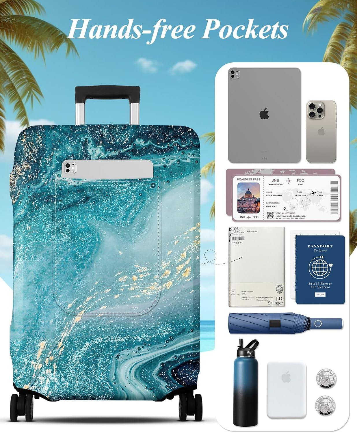 Slohif Luggage Cover for Suitcase Tsa Approved Protector - Luggage Sleeve Large Suit Case Cover Travel Stretch Baggage Case Protective Washable Fit 21-23 Inch Sea Wave S