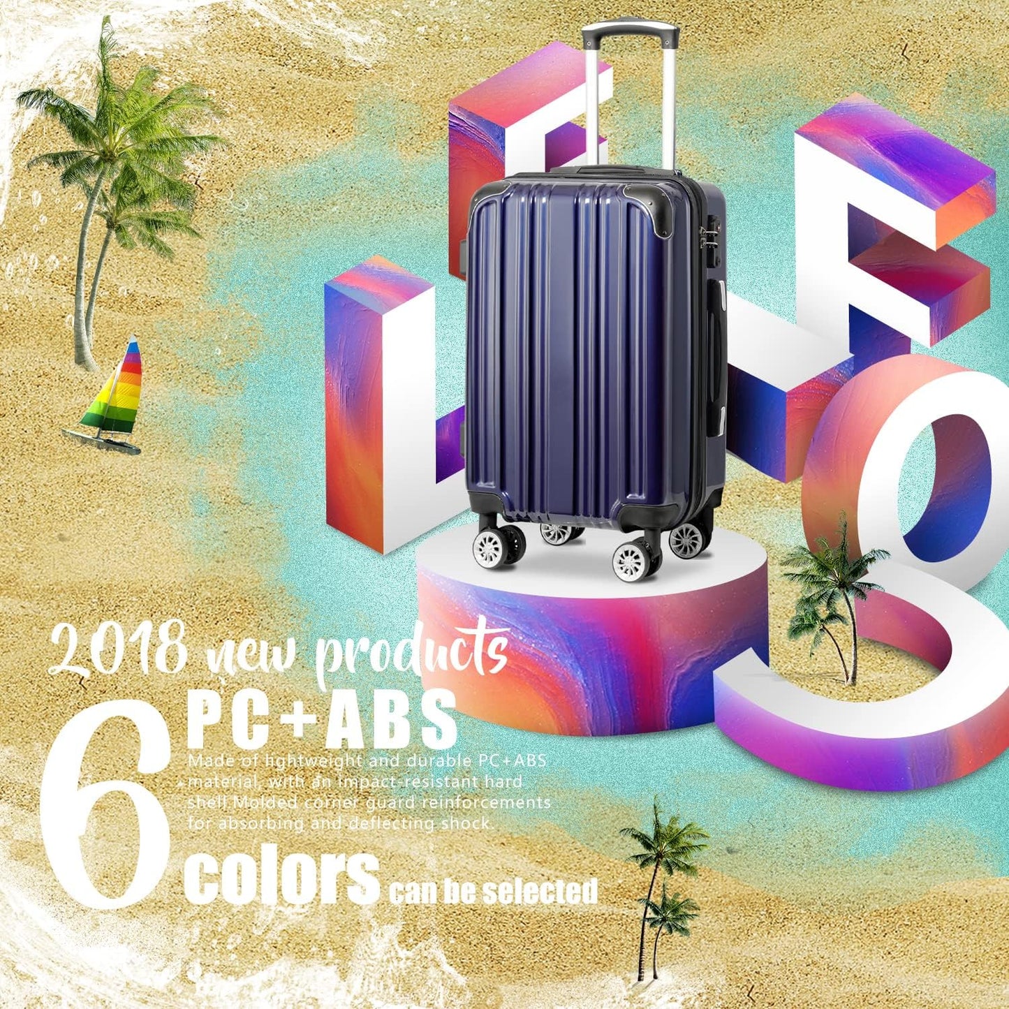 Coolife Luggage Expandable(only 28") Suitcase PC+ABS Spinner 20in 24in 28in Carry on (navy new, L(28in))