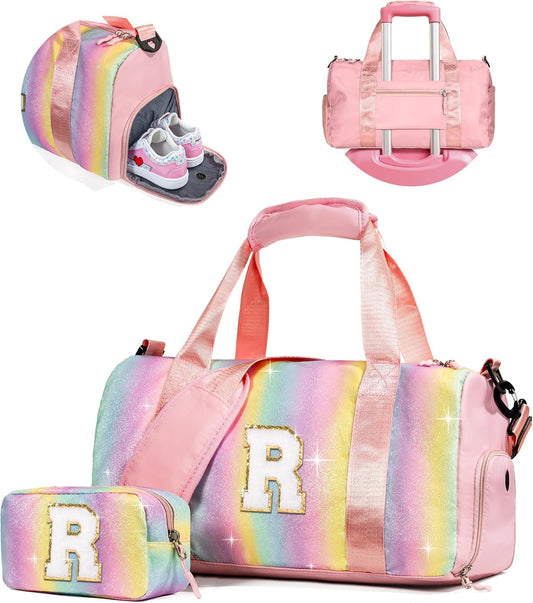 Easter Gifts for Kids-Girl Gym Bag with Shoe Compartment, Kid Personalized Weekender Overnight Bags, Initial Travel Tote with Makeup Pouch, Valentines Day Gift for Girls (Letter R)
