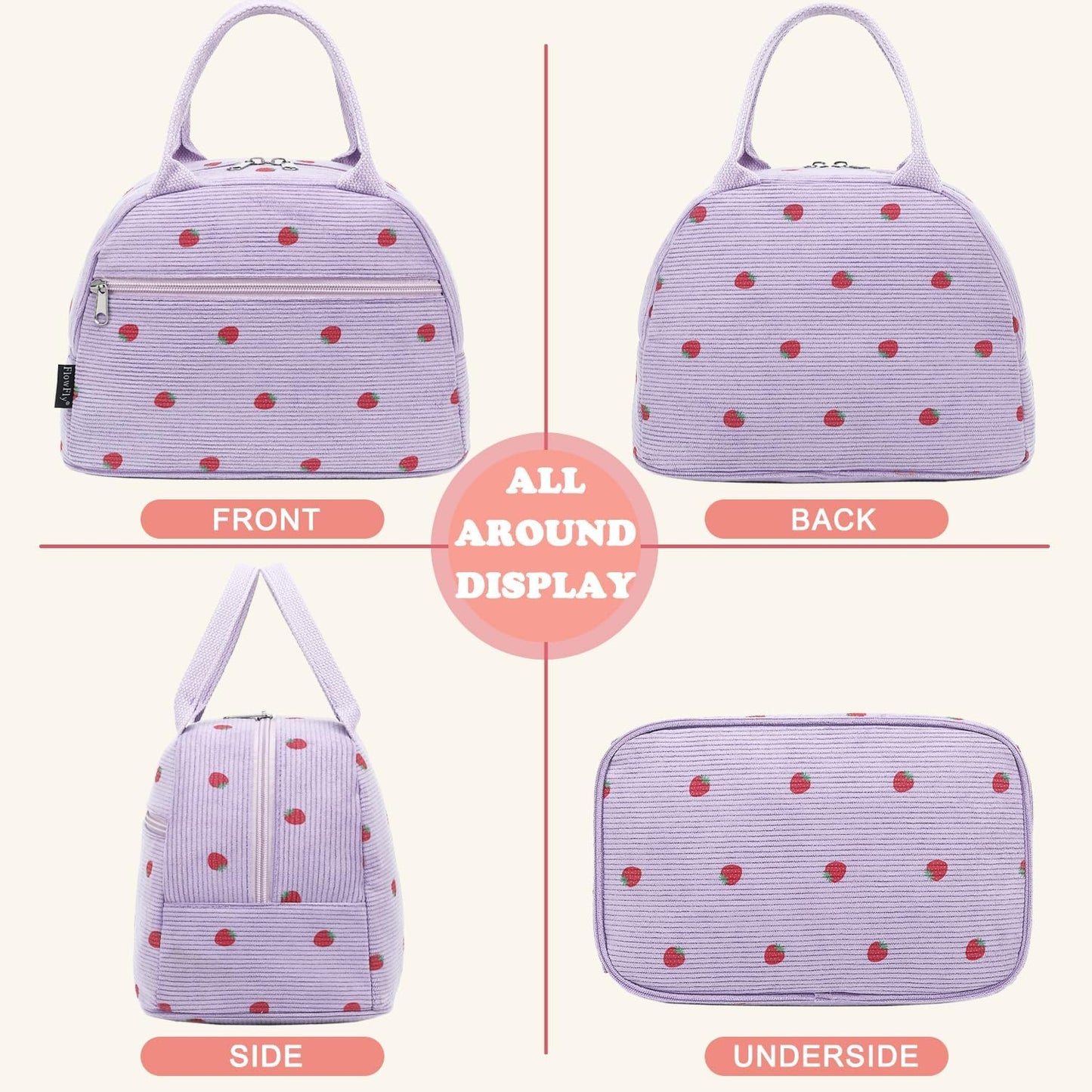 FlowFly Insulated Lunch Bag for Women – Corduroy Lunch Tote Box, Cute Cooler Bag for Work, Travel, Picnic,Corduroy Strawberries Purple