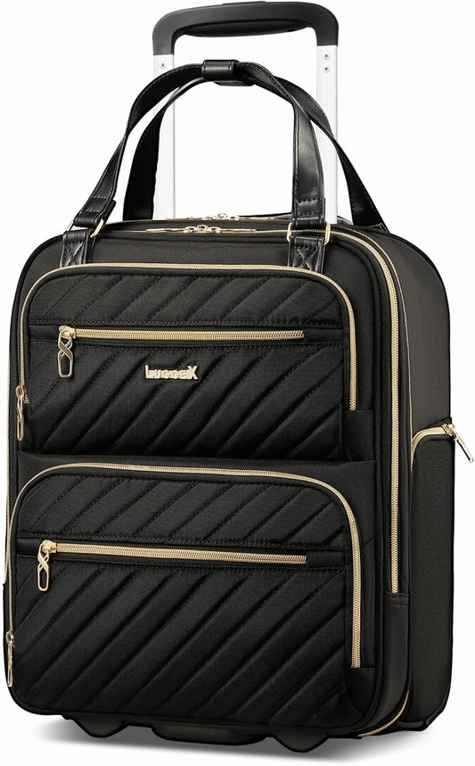 LUGGEX Underseat Carry On Luggage with Wheels, Stylish Lightweight Under Seat Luggage, Soft Sided Personal Item Suitcase for Short Trip (Black, 16 Inch)