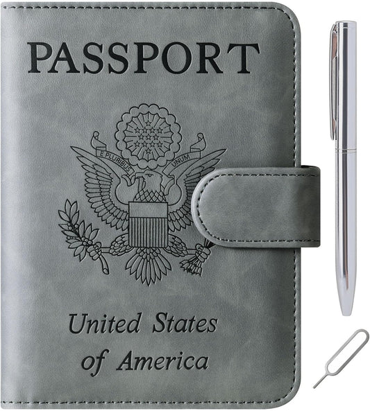 Passport Holder Cover Wallet Travel Essentials Leather Rfid Blocking Case Vacation Luggage Must Haves Travel Accessories for Men Women (120#Grey)