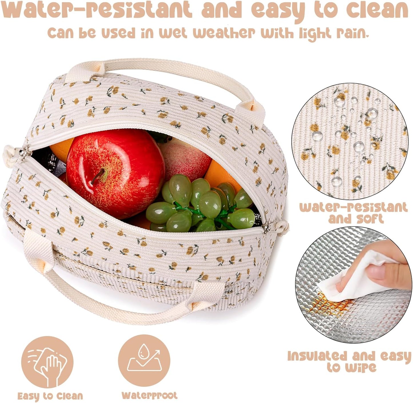 Bluboon Lunch Bag for Women Men Cute Corduroy Lunch Tote Bags Reusable Insulated Lunch Box Large Capacity Reusable Insulated Cooler for Work Picnic or Travel