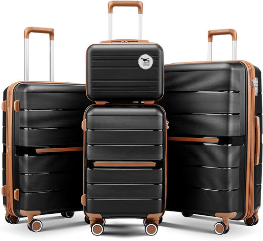 Campfun Luggage 4 Piece Sets, Expandable Carry On Luggage Set Hardshell PP, Suitcase Set with Double Spinner Wheels, Checked Durable Lightweight with TSA Lock, 14in 20in 24in 28in-Black Brown(A)