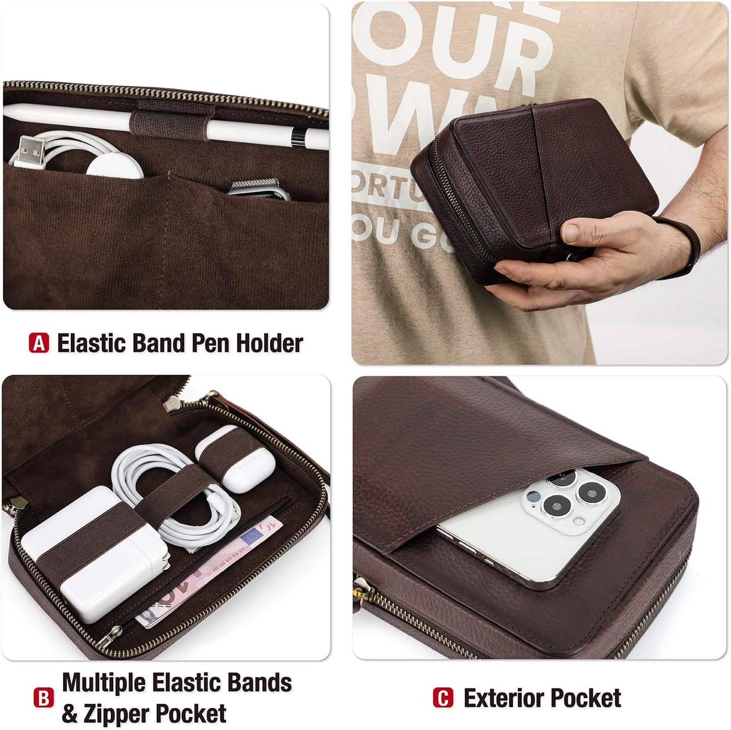 Electronic Organizer Case Tech Kit, Top Grain Leather Handmade, Portable Compact Travel Electronic Accessories Storage Case Fits Phone, USB Cables, Chargers, Hard Drive, Cards, Apple pencil