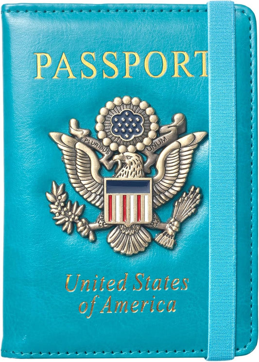 Passport Holder for Travel Men, RFID Blocking Passport Wallet Cover Case, Waterproof Leather Travel Wallet for Men Women, Document Protector for Traveling Accessories-Lake Blue