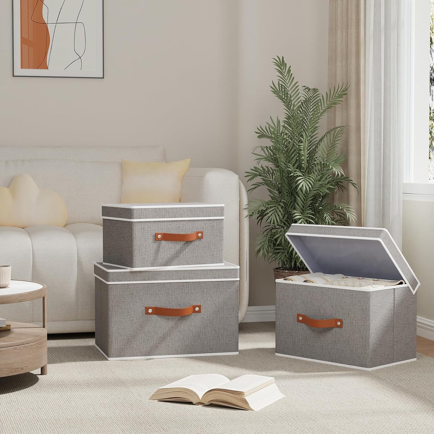 Collapsible Storage Bins with Lids, 3 Pack Linen Foldable Cloth Baskets, 15 x 9.8 x 9.8 Inch Closet Organizer Containers with Double Handles, Sweater Boxes for Bedroom, Grey