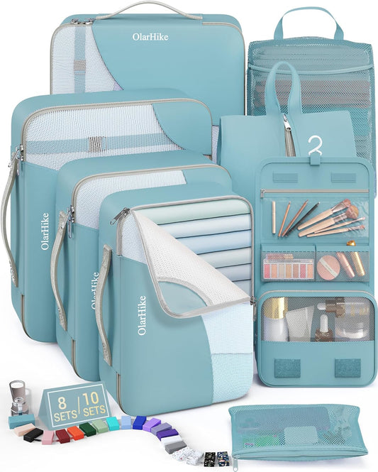 8 Set Packing Cubes for Travel, Gifts for Women Mom,Anti-Tearing Suitcase Organizer for Luggage with Shoe & Hanging Toiletry Bag,OlarHike Vacation Essentials & Accessories for Cruise Ship, Blue Gray