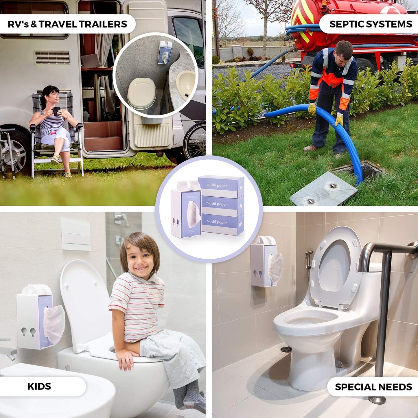 Toilet Paper Holder + 4 Boxes 320 Wipes Septic Safe Tube Free 4 Ply Soft RV Essential and Mom Approved for Travel Trailers Campers Marine Biodegradable Set Includes Self Adhesive
