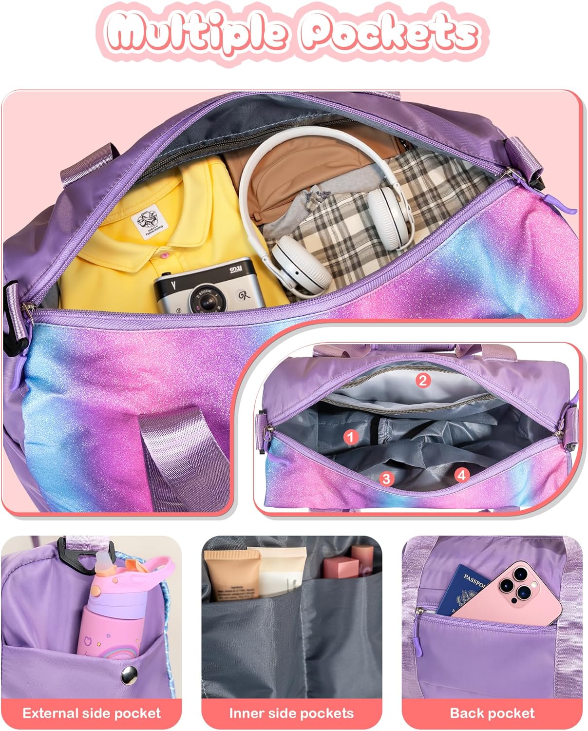 Gifts for 4 5 6 7 8 9 10 11 Year Old Girls-Girl Gym Bag with Shoe Compartment, Kid Personalized Weekender Bymnastic Bags, Initial Travel Tote with Makeup Pouch, Dance Bag Gift (Letter A)